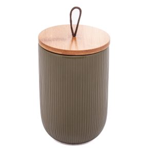 Potiche de Cerâmica com Tampa de Bambu e Pegador de Corda Lines Verde 10cm x 15cm - Lyor