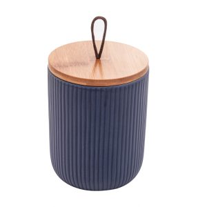 Potiche de Cerâmica com Tampa de Bambu e Pegador de Corda Lines Azul Marinho 10cm x 12,5cm - Lyor